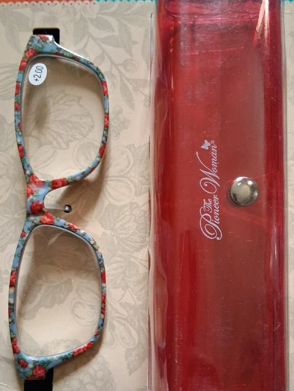 The Pioneer Woman Floral Reading Glasses with Red Case - Light Blue & Red Frame